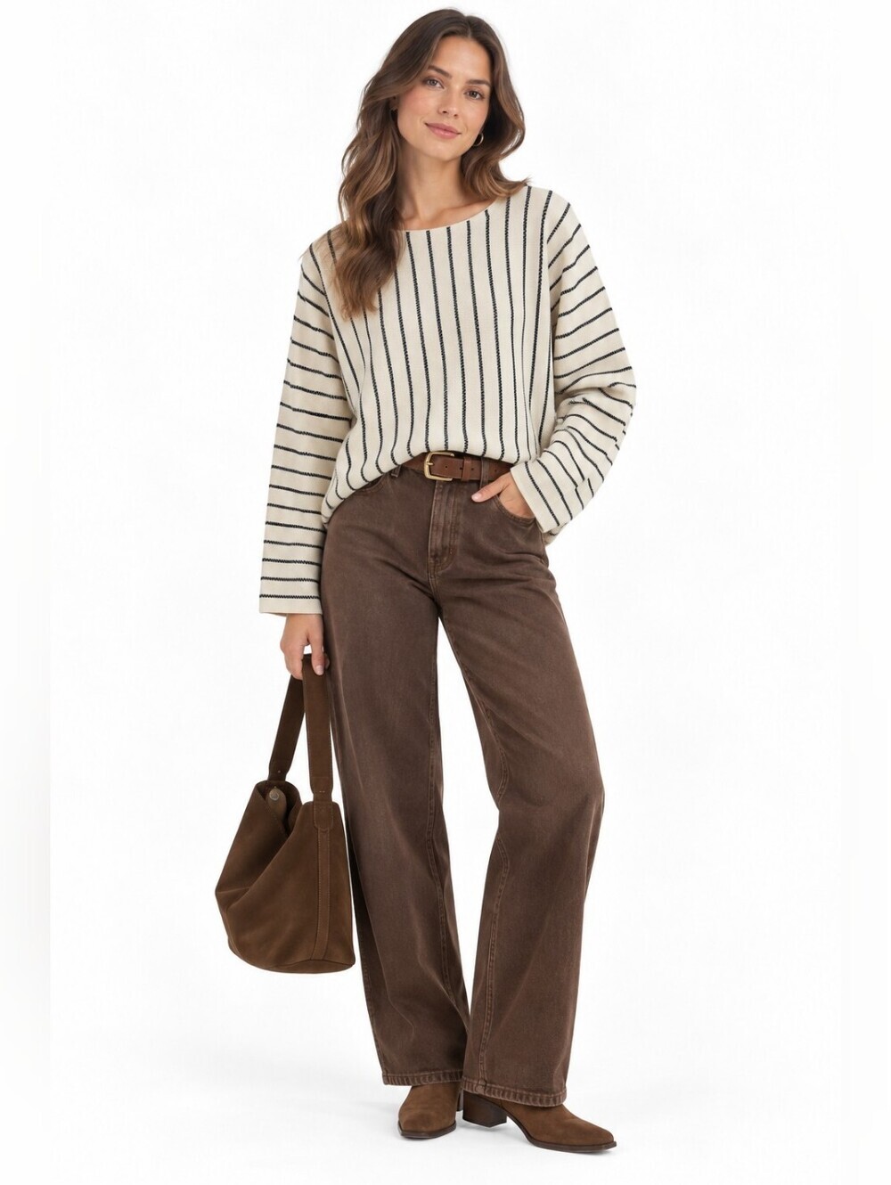 Women's WanLi Cream Black Striped Crew Neck Sweater S